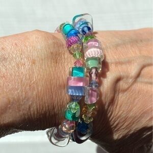 Artisan Sterling Silver and Blue Pink Pastel Crystal Glass Beaded Bracelet NEW